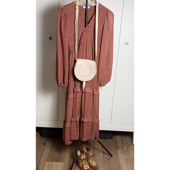 By The River Dresses & Skirts - Women's Fall Boho Gypsy Rust Pink LS Smocked Ruffle V-Neck Midi Dress Size S